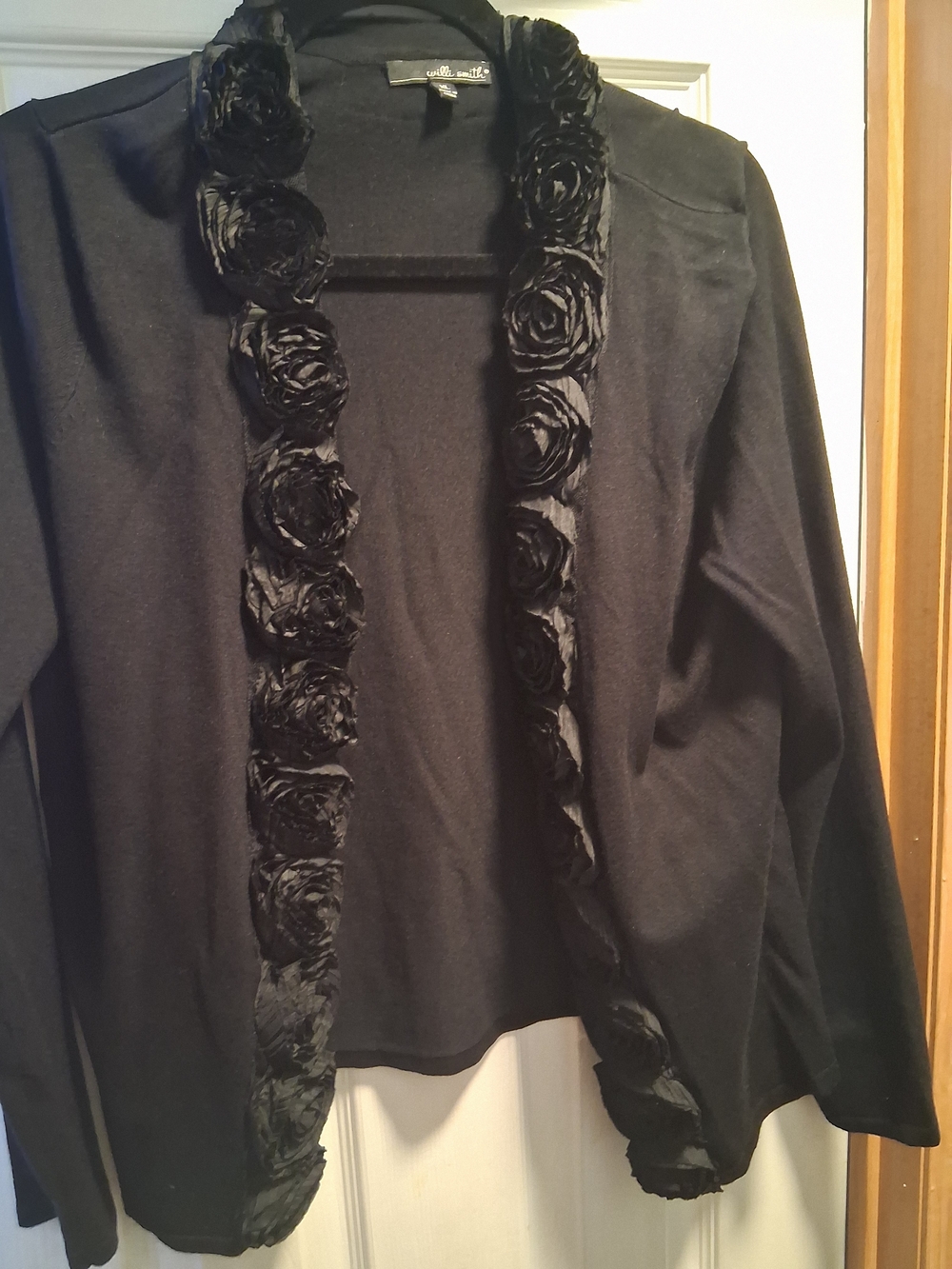 Willi Smith Black Open-Front Cardigan with Rosette Trim Nwot